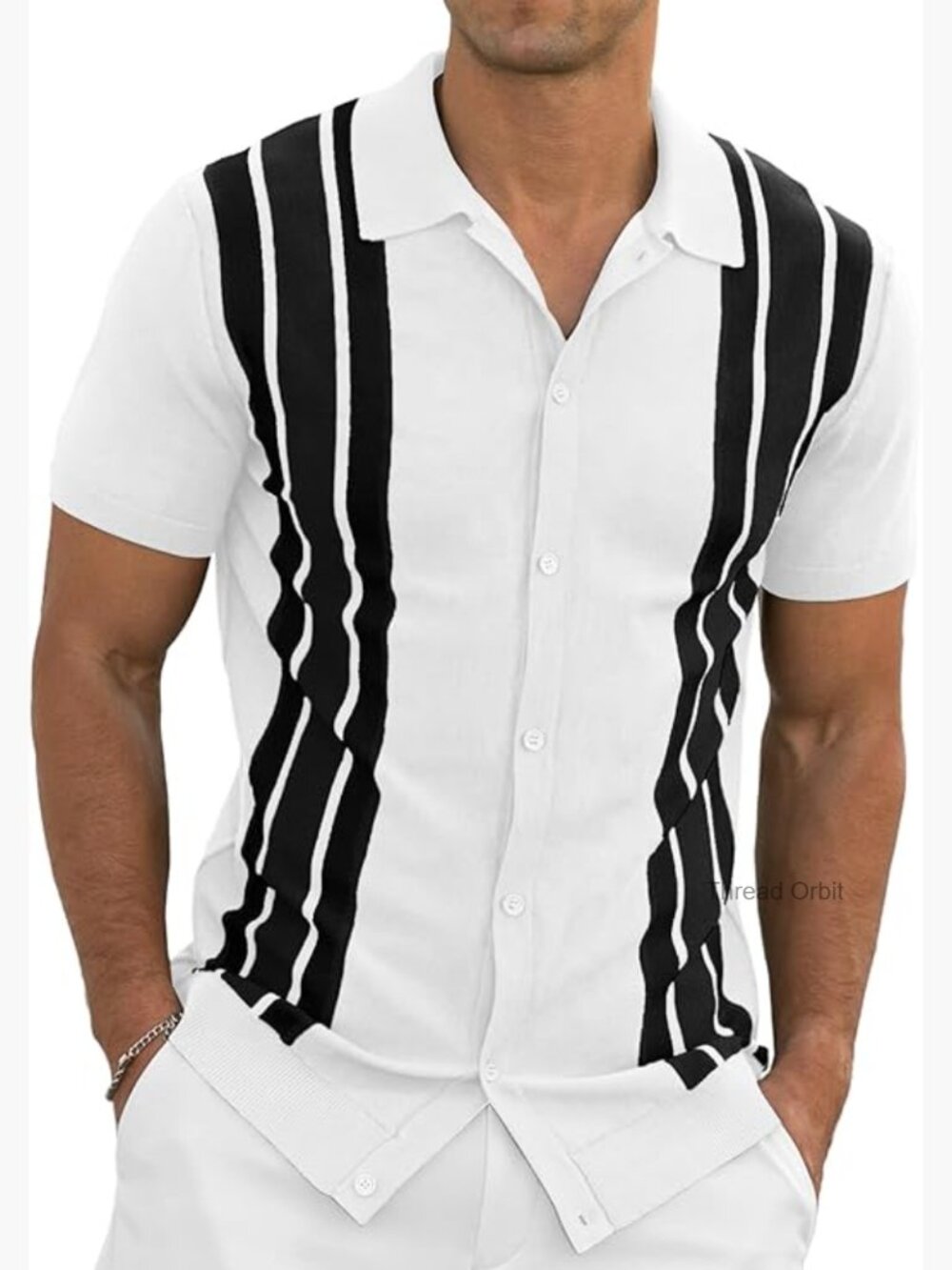 Mens Vintage Striped Knit Polo Shirt Short Sleeve Button Down Golf Shirt